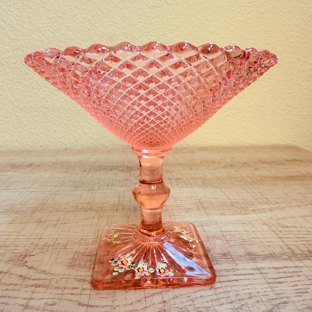 Vintage Painted Anchor Hocking Pink Depression Glass Pedestal Dish w/ Flowers
